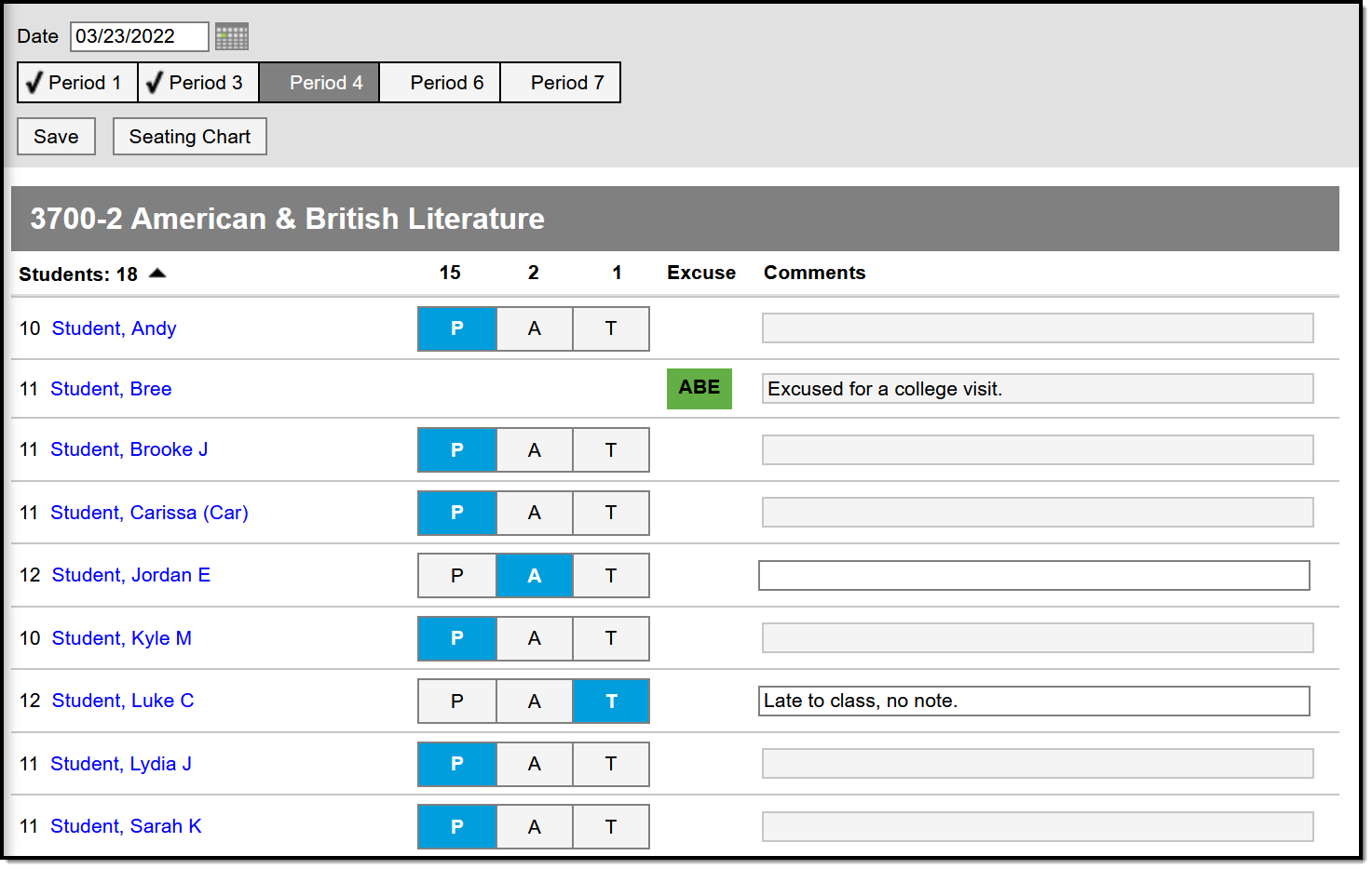 Screenshot of the attendance tool, with periods listed along the top and students listed by section, with P/A/T indicators for each and comments.