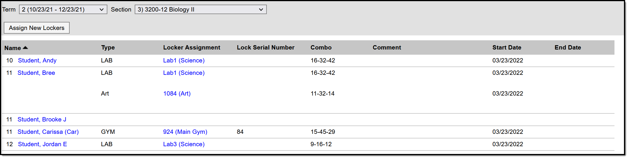 Screenshot of the Lockers tool, with locker assignments listed for students in the selected section. 