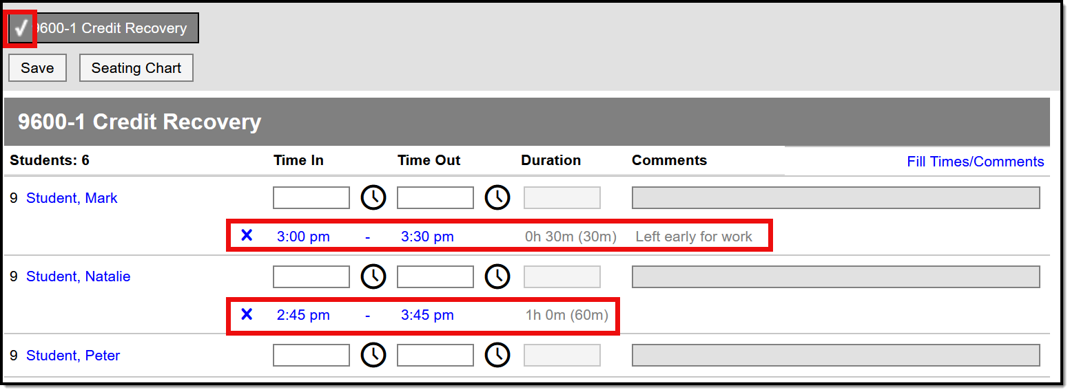 Screenshot of the positive attendance tool highlighting attendance that has already been recorded. 