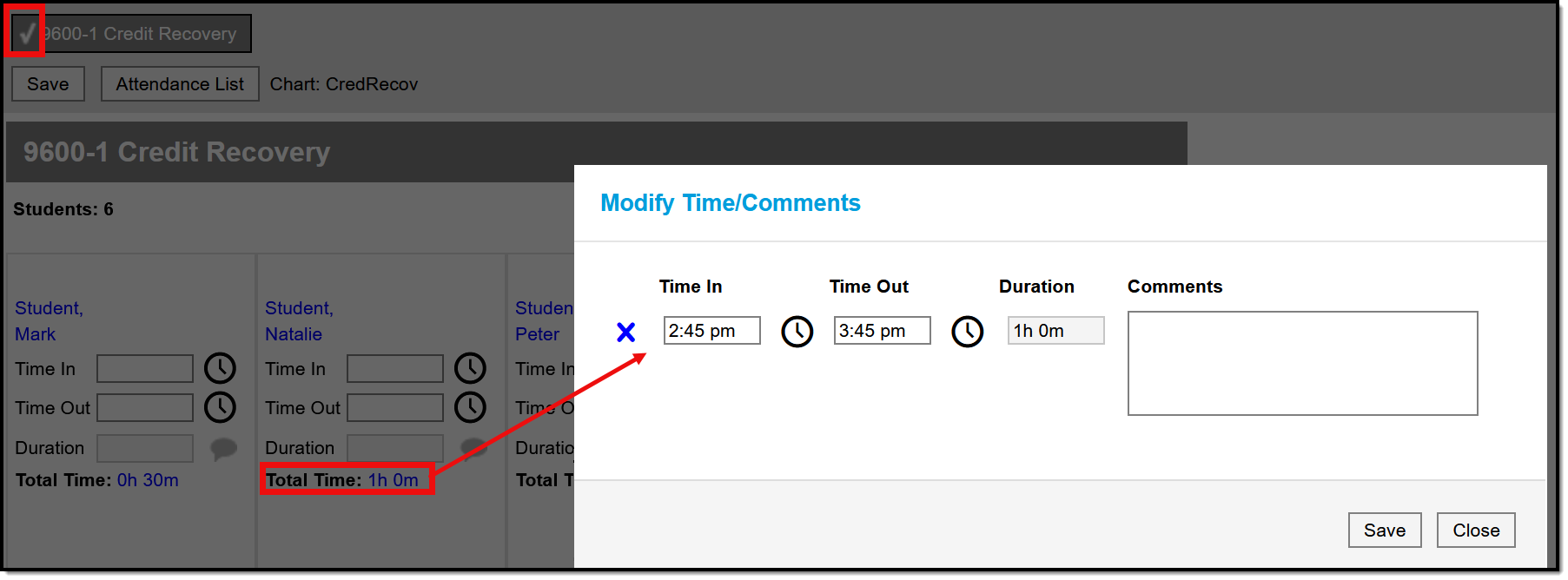 Screenshot of the option to modify positive attendance from the seating chart.