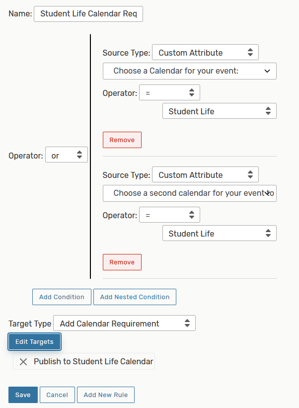 25Live Pro - System Settings - Event Form Settings - Rules - Setting a Single Calendar Requirement Rule