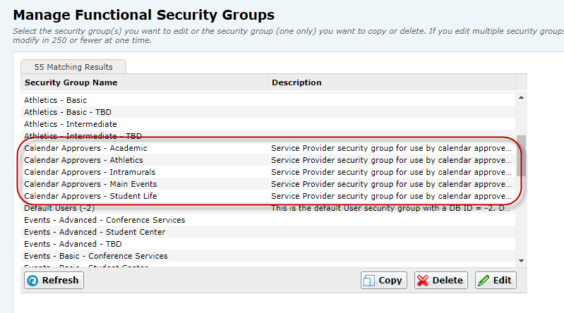 Example of functional security group names that begin with 