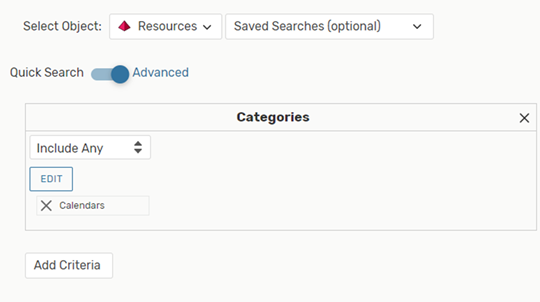 Resource search using the categories criteria