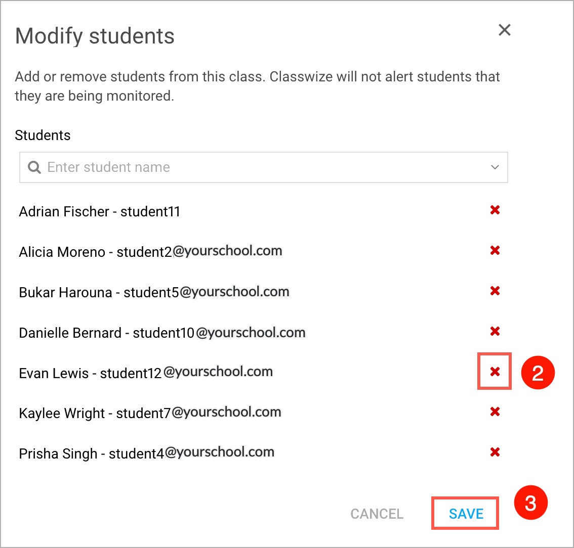 remove students from active class in classwize