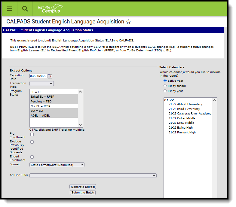 Screenshot of the CALPADS student english language acquisition extract editor. 