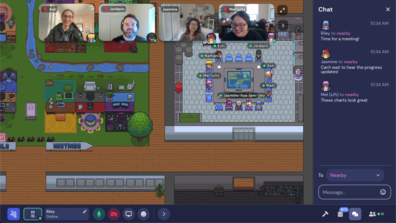 Eleven people are gathered in the cyberpunk meeting room. The Chat panel is open and four videos are at the top of the screen.
