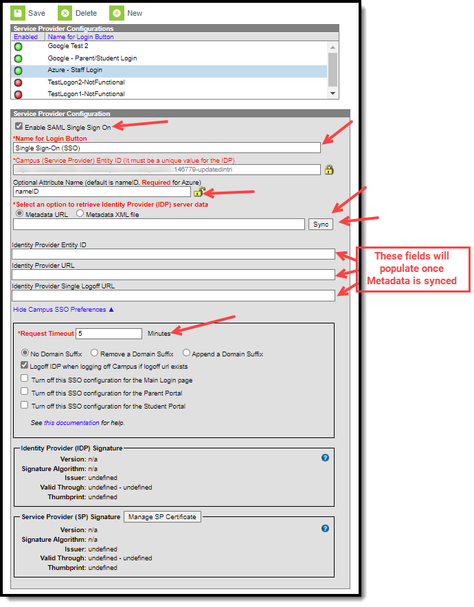Screenshot of Enabling SSO, Entering the Login Button Name, and Retrieving IDP Metadata