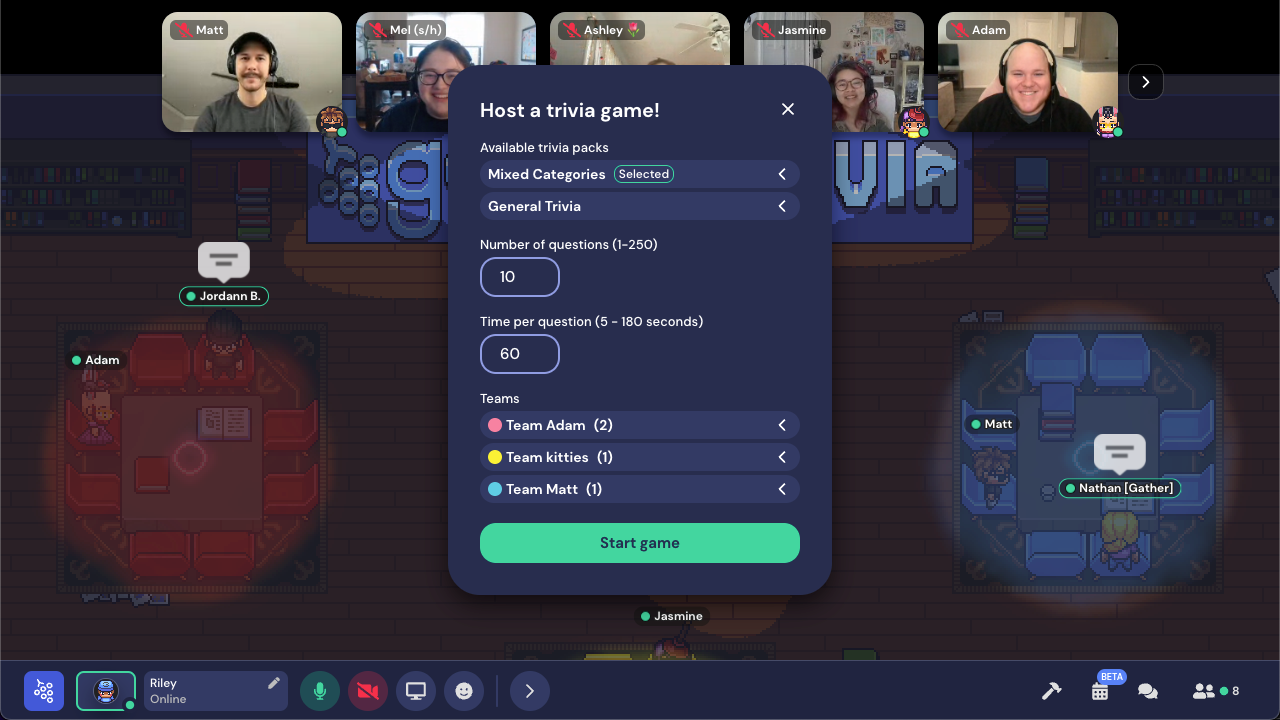 The Host a trivia game modal is open in the trivia Space. Mixed Categories is selected as the trivia pack, and number of questions is 10 and time per question is 60 seconds. Three teams are visible above the Start game button.