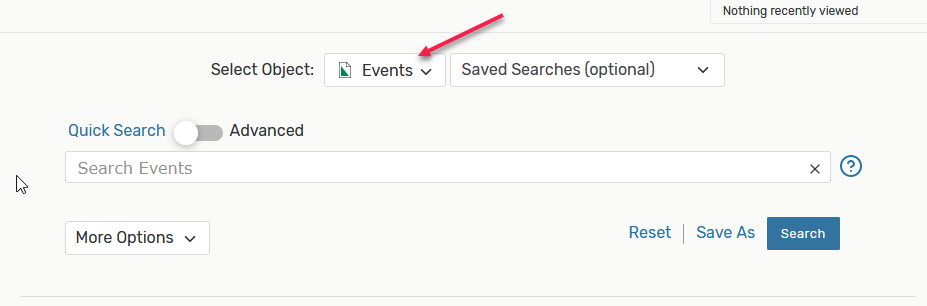 Image: Select Object search dropdown pointing to Events