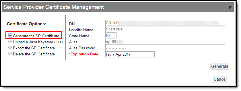 Screenshot of Generate the SP Certificate