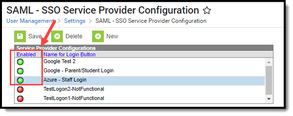 Screenshot of enabled service provider configurations