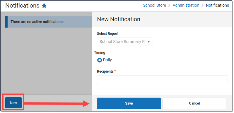 Screenshot displaying the New Notification side panel that displays after selecting the New button.