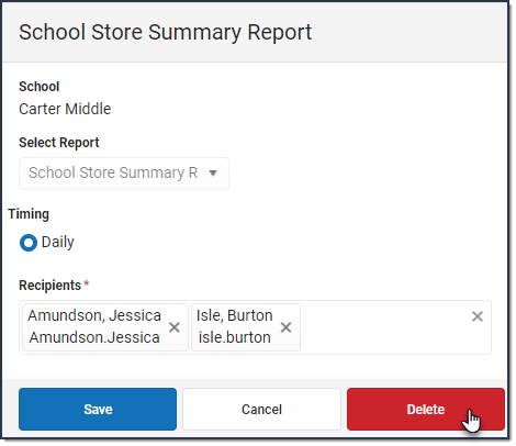 Screenshot of the School Store Summary Report with the cursor hovering over the Delete button.