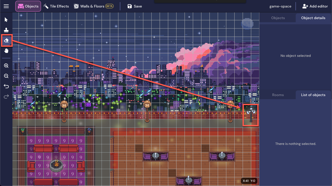 A view of the rooftop template in Mapmaker. A red outline is drawn around the Erase tool in the Left Nav Menu, and a red arrow points to a sound emitter object with a red outline around it. The sound emitter object looks like a pole with speakers on it.
