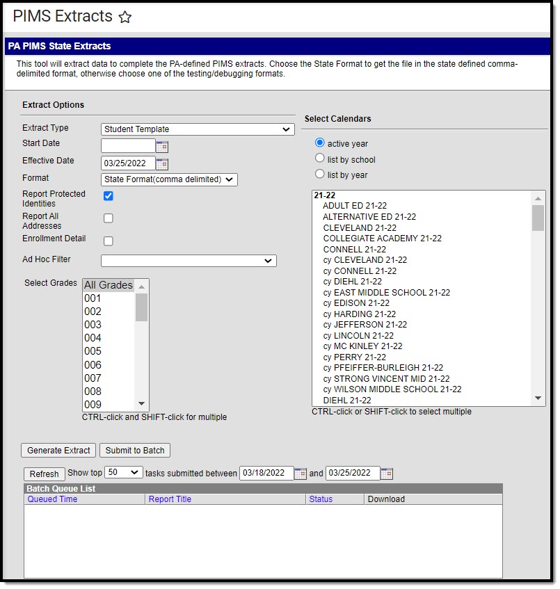 Screenshot of the PIMS Student Template extract editor.
