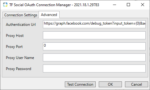 Task Factory Social Media OAuth Connection Manager Advanced Settings for Facebook