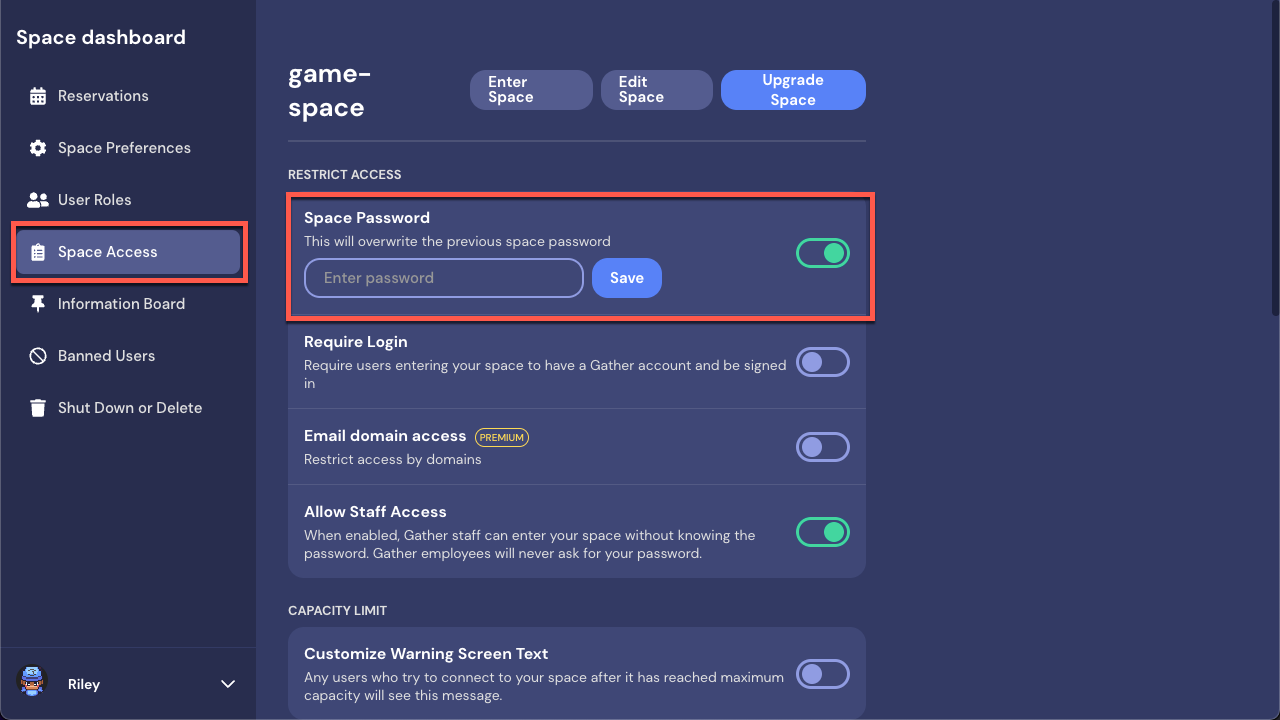 The Space Dashboard open to the Space Access section, with the Space Password feature outlined in red. A field displays to enter the password, with a Save button, and a toggle to turn the password on or off.