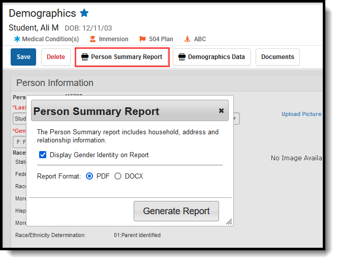 Screenshot of the popup to generate the Person Summary Report.