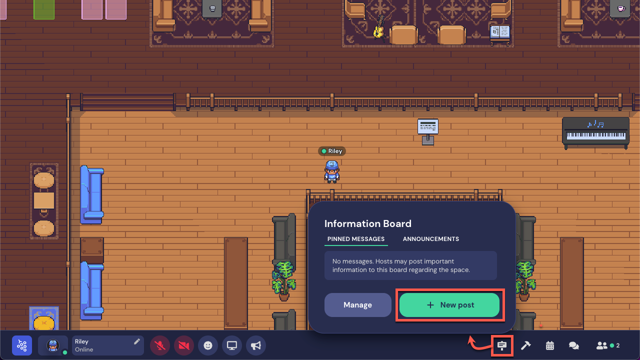 A screenshot of the medium game room template with the Information Board modal open. The Information Board icon, which is a push pin, is outlined in red in the Left Nav Menu. The modal shows "No messages. Hosts may post important information to this board regarding the space." Manage and New post buttons display.