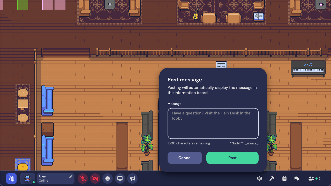 A screenshot of the medium game room template with the Post message modal open. The modal text reads 