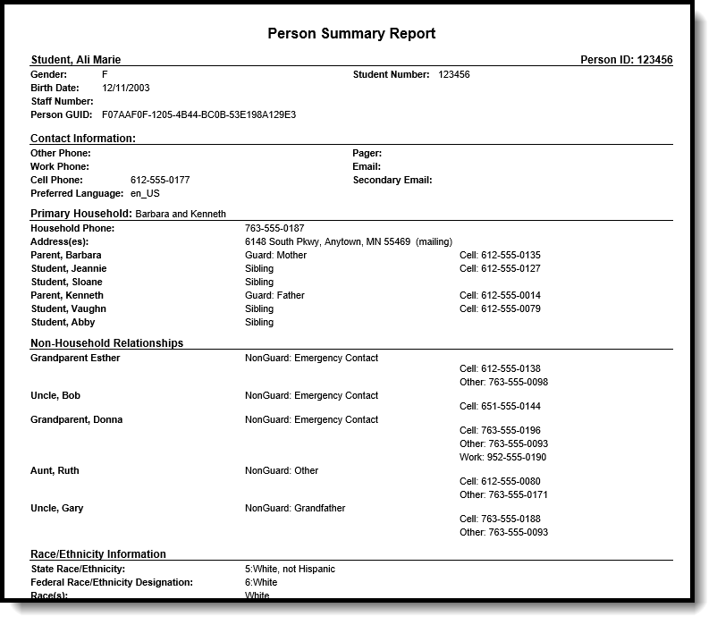Screenshot of an example Person Summary Report in PDF Format