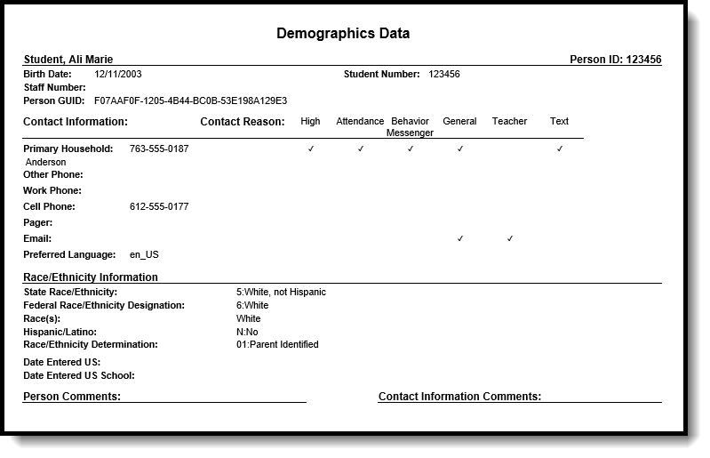 Screenshot of the Demographics Data Report with no no Gender Identity.