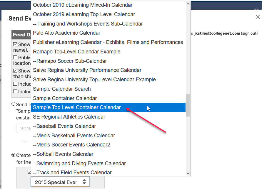 Selecting a calendar from the dropdown