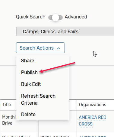 Publish button in the Search Actions dropdown menu