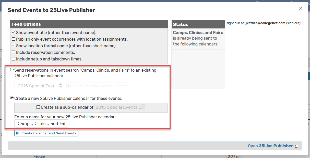 Creat a new calendar option in the 25Live publish options