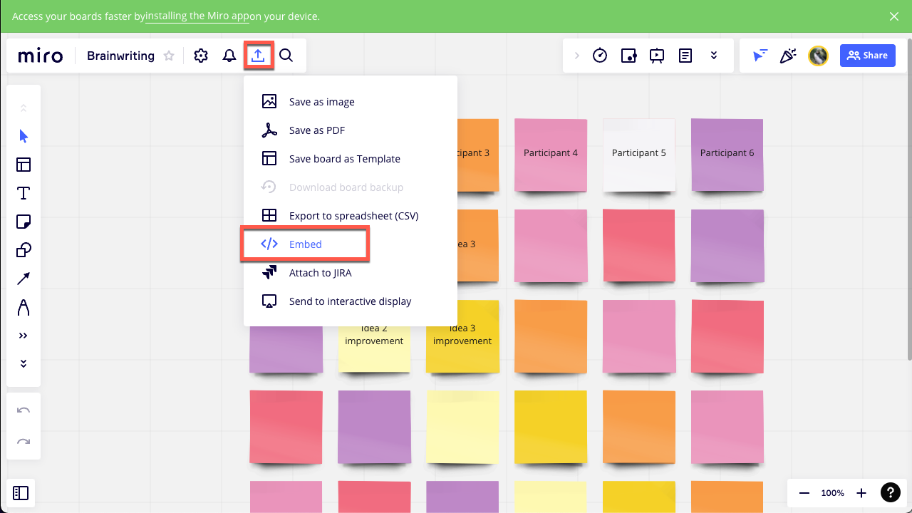A Miro board of a grid of colorful post-it notes. The export menu is open and Embed is outlined in red in the menu.