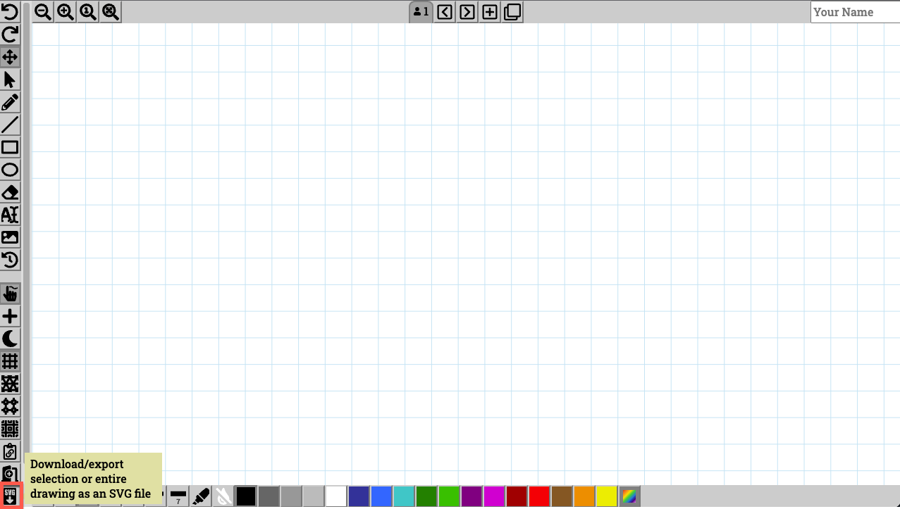 A blank cocreate board with the SVG icon outlined in red and the hover text that reads download/export selection or entire drawing as an svg file.