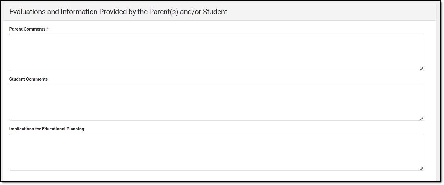 Screenshot of the Parent Student Comments editor.
