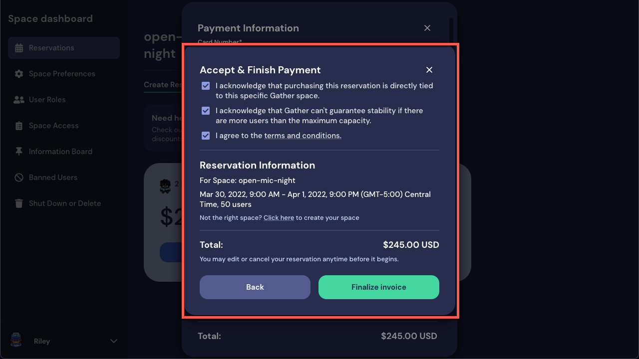 The Accept and Finish Payment modal for purchasing a per day plan with an invoice.