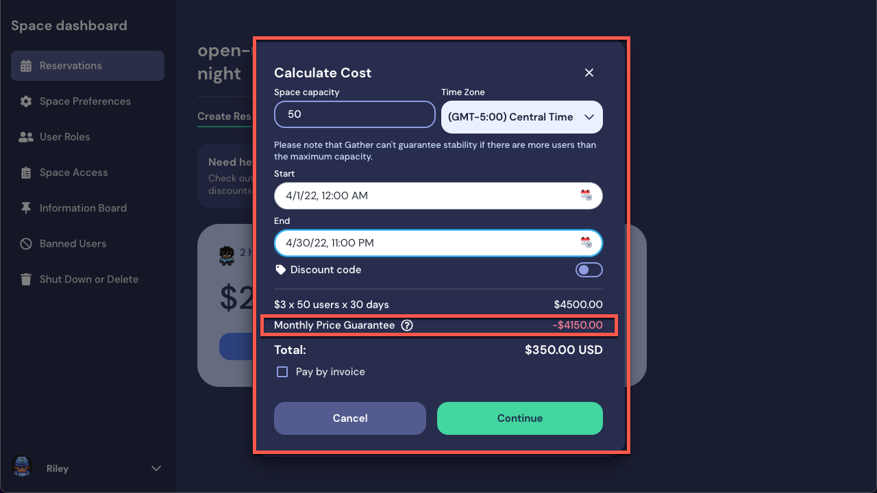 A view of the Calculate Cost window for the Per Day reservation. The Calculate Cost window is outlined in red, and a red box outlines the Monthly Price Guarantee, which has been applied to the reservation. The reservation is for 50 people from April 1 at 12:00 am to April 30 at 11:00 pm.