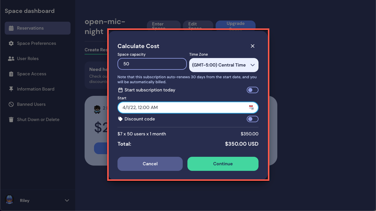 A view of the Calculate Cost window for the Monthly reservation. The Calculate Cost window is outlined in red. The reservation is for 50 people beginning July 12 at 12:00 am.