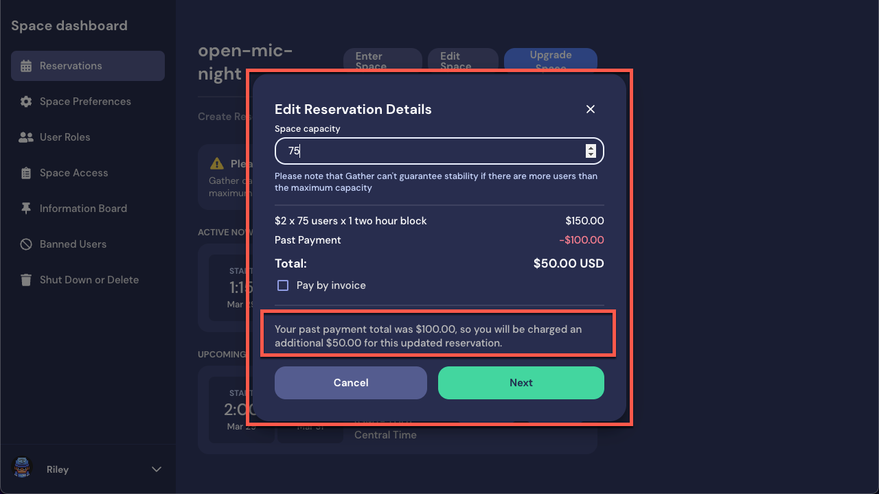 The Edit Reservation Details modal with a $175 charge for increasing the Space capacity by 25 people.