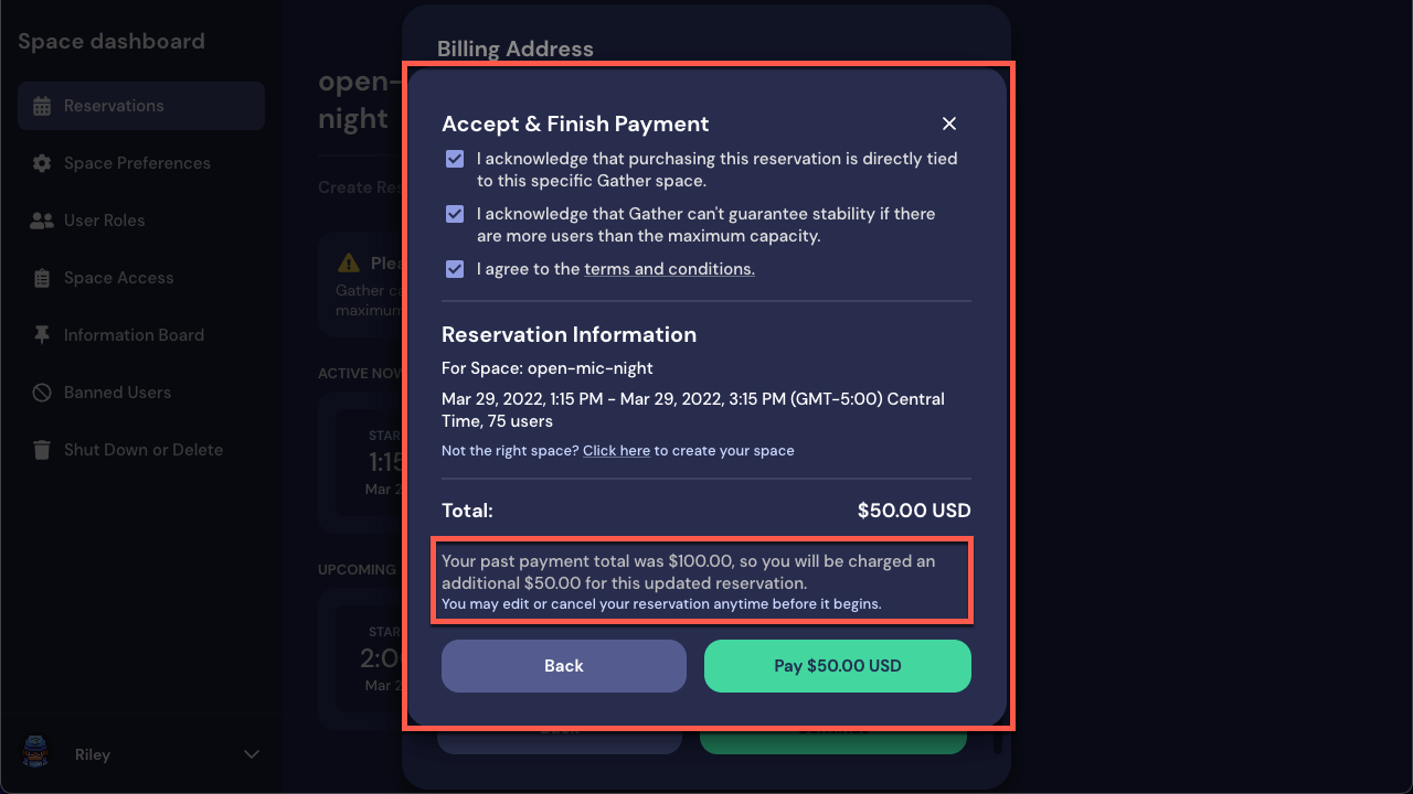 A view of the Space dashboard for Reservations. The Accept & Finish Payment pop-up is outlined in red.