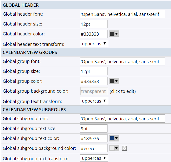 Global header, calendar view groups, and calendar view subgroups settings