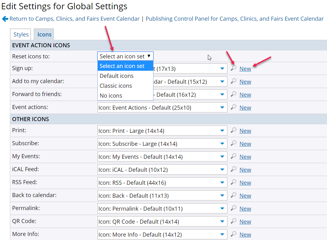 Icons tab settings in global settings