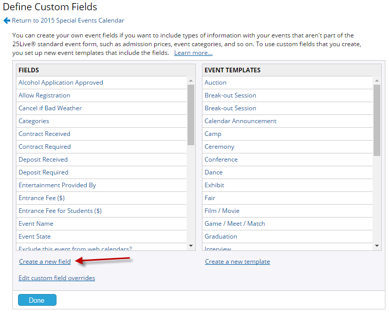 Define custom fields page with arrow pointing to create a new field