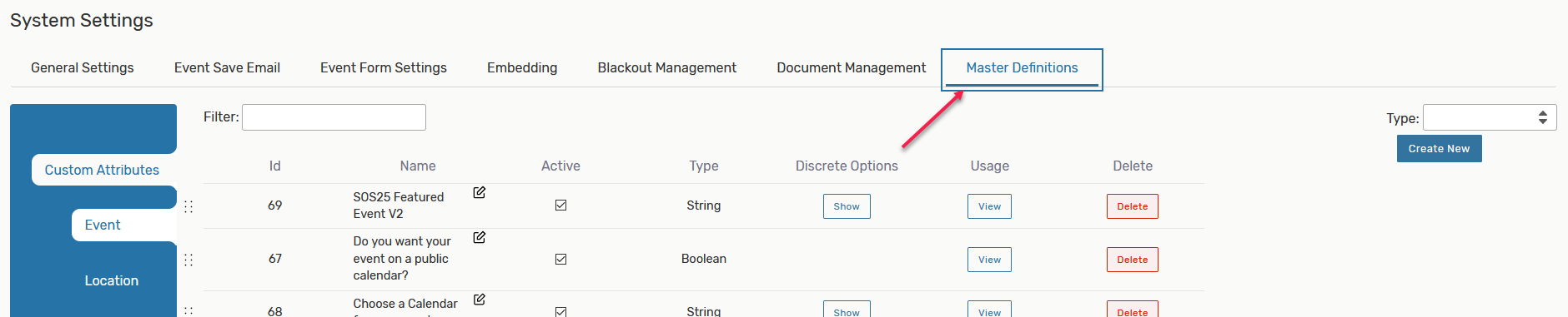 master definitions tab in system settings
