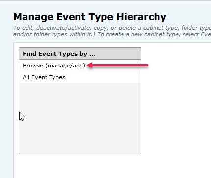 Browse Manage/add option in Manage Event Type Hierarchy