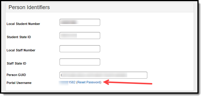 screenshot of the reset portal password option available