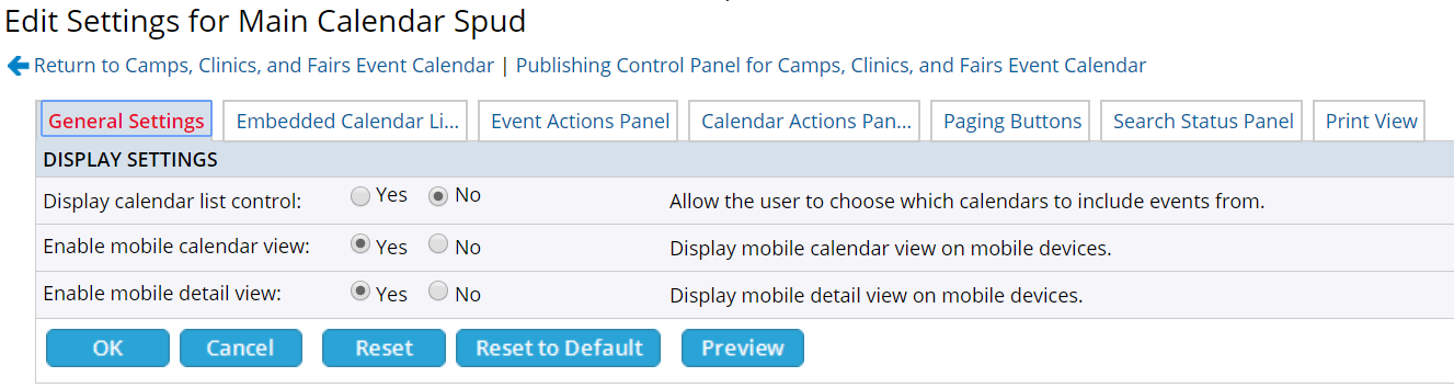 General settings tab for main calendar spud