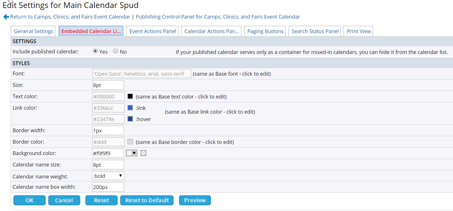 Embedded calendar list tab settings