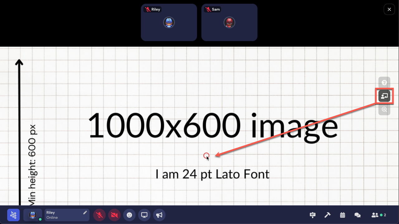 The embedded image is fully displayed, which is a graph paper with the words 1000 x 600 image visible. The Presenter Mode icon, which is a person next to a screen, is outlined in red, and an arrow points from it to the cursor. The cursor shows a red circle on the image. 