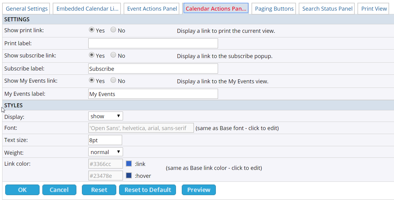 Calendar action panel tab settings