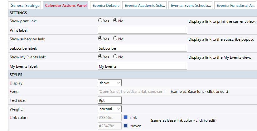 Calendar actions panel tab settings