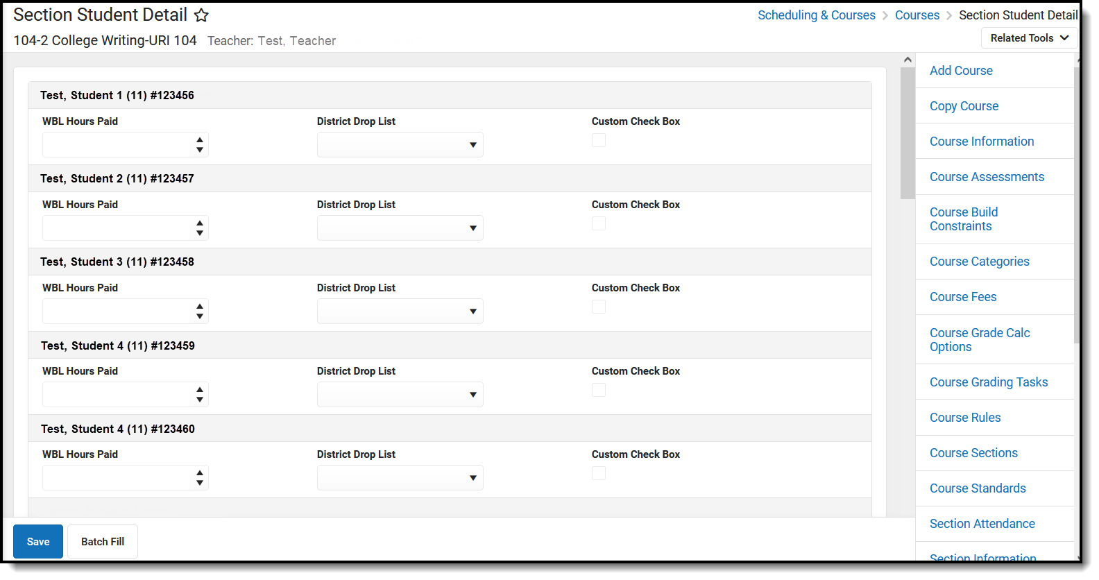 Screenshot of the Section Student Detail tool. 