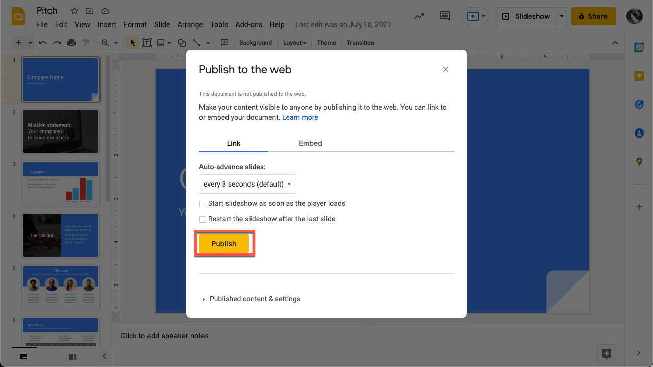 The Publish to the web Google slides window with the publish button outlined in red.